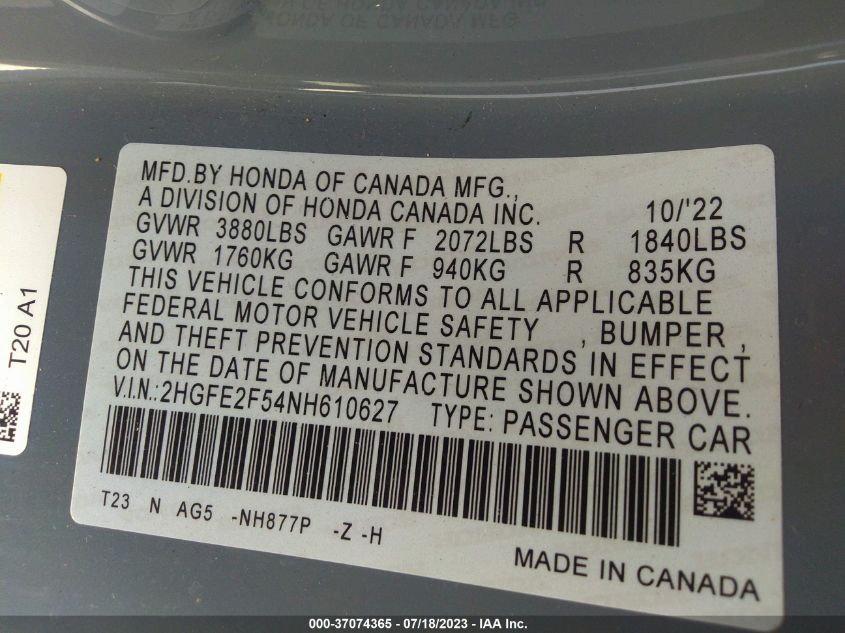 2022 HONDA CIVIC SEDAN SPORT - 2HGFE2F54NH610627
