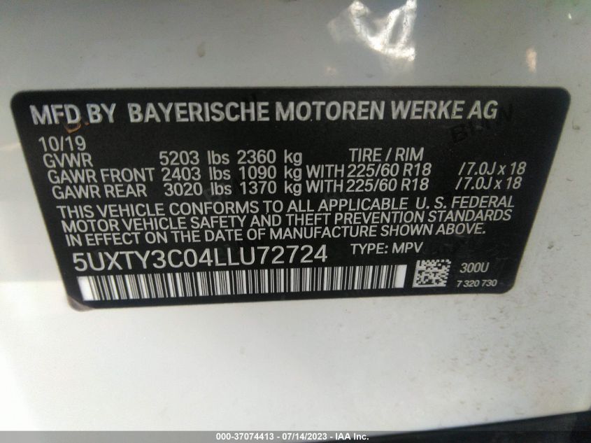 2020 BMW X3 SDRIVE30I - 5UXTY3C04LLU72724