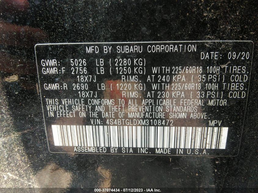 2021 SUBARU OUTBACK ONYX EDITION XT - 4S4BTGLDXM3108472