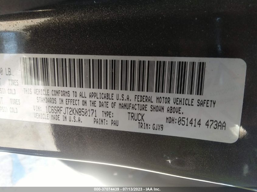 2019 RAM 1500 LARAMIE - 1C6SRFJT2KN850171