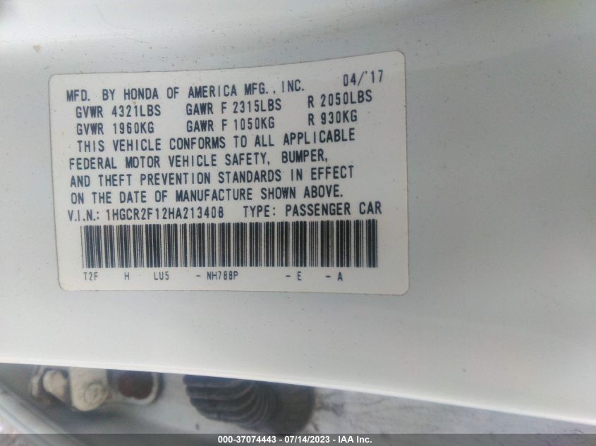 2017 HONDA ACCORD SEDAN SPORT SE - 1HGCR2F12HA213408