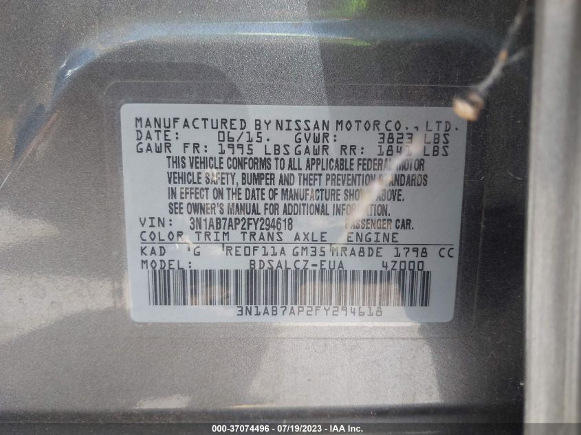 2015 NISSAN SENTRA S - 3N1AB7AP2FY294618