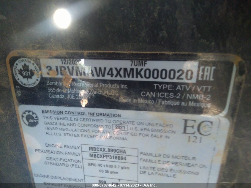 2021 CAN-AM MAVERICK X3 MAX DS TURBO R - 3JBVMAW4XMK000020
