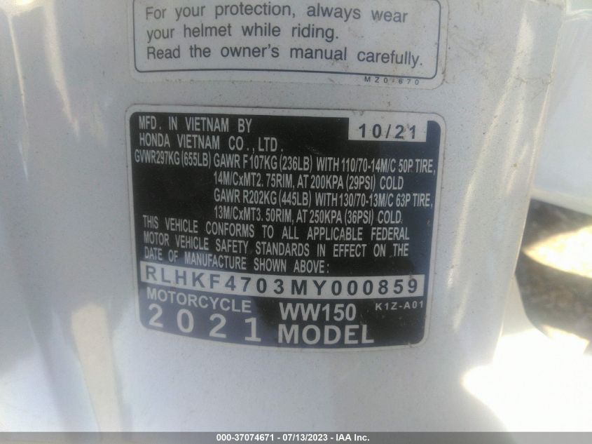 2021 HONDA WW150 RLHKF4703MY000859