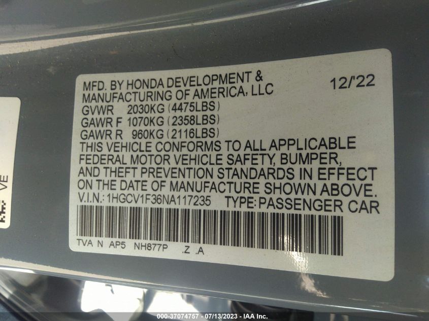 2022 HONDA ACCORD SEDAN SPORT - 1HGCV1F36NA117235
