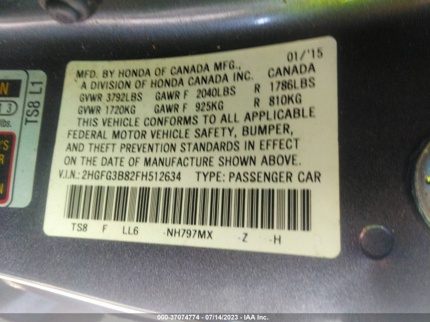 2015 HONDA CIVIC COUPE EX - 2HGFG3B82FH512634