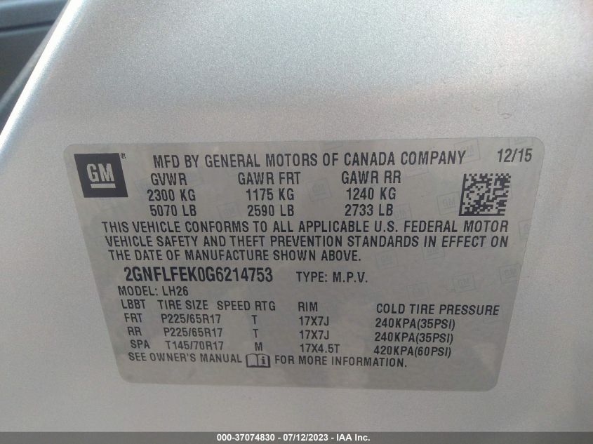 2016 CHEVROLET EQUINOX LT - 2GNFLFEK0G6214753