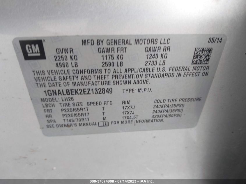 2014 CHEVROLET EQUINOX LT - 1GNALBEK2EZ132849