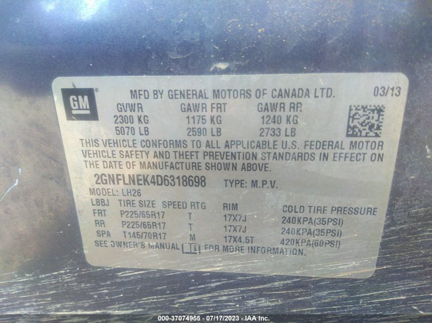 2013 CHEVROLET EQUINOX LT - 2GNFLNEK4D6318698