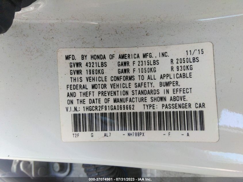 2016 HONDA ACCORD SEDAN EX-L - 1HGCR2F91GA069662