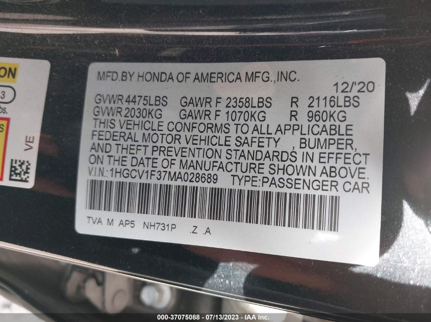 2021 HONDA ACCORD SEDAN SPORT - 1HGCV1F37MA028689