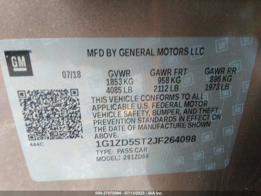VIN 1G1ZD5ST2JF264098 2018 CHEVROLET MALIBU LT