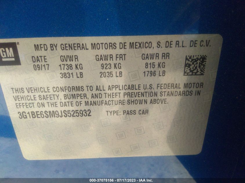 2018 CHEVROLET CRUZE LT - 3G1BE6SM9JS525932