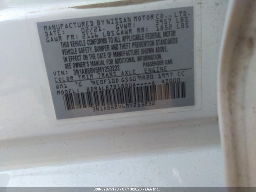 VIN 3N1AB8BV6MY253232 2021 NISSAN SENTRA S