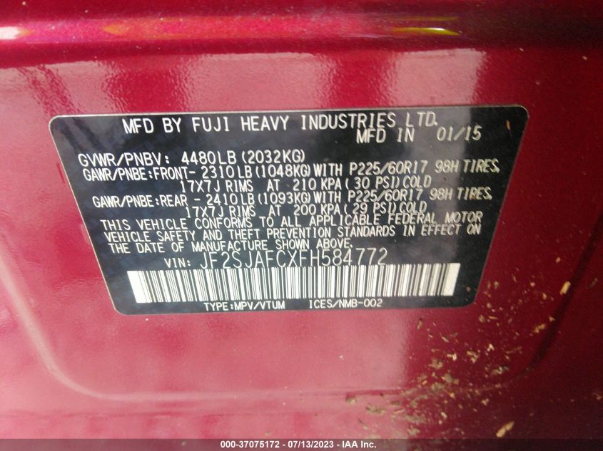 2015 SUBARU FORESTER 2.5I PREMIUM - JF2SJAFCXFH584772