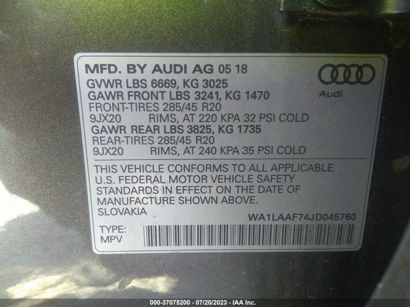 2018 AUDI Q7 PREMIUM PLUS - WA1LAAF74JD045760
