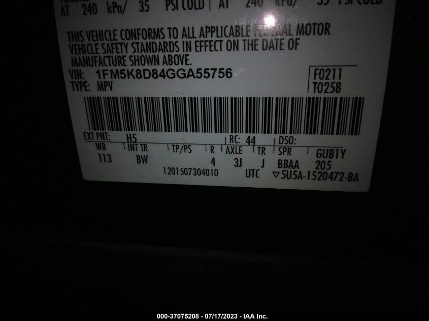 2016 FORD EXPLORER XLT - 1FM5K8D84GGA55756