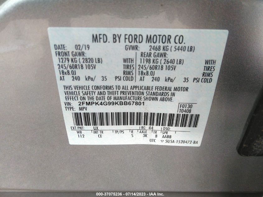 2019 FORD EDGE SE - 2FMPK4G99KBB67801