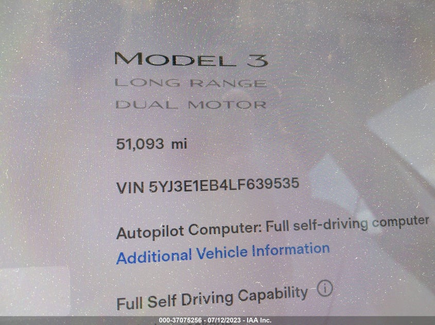 VIN 5YJ3E1EB4LF639535 2020 TESLA MODEL 3 LONG RANGE