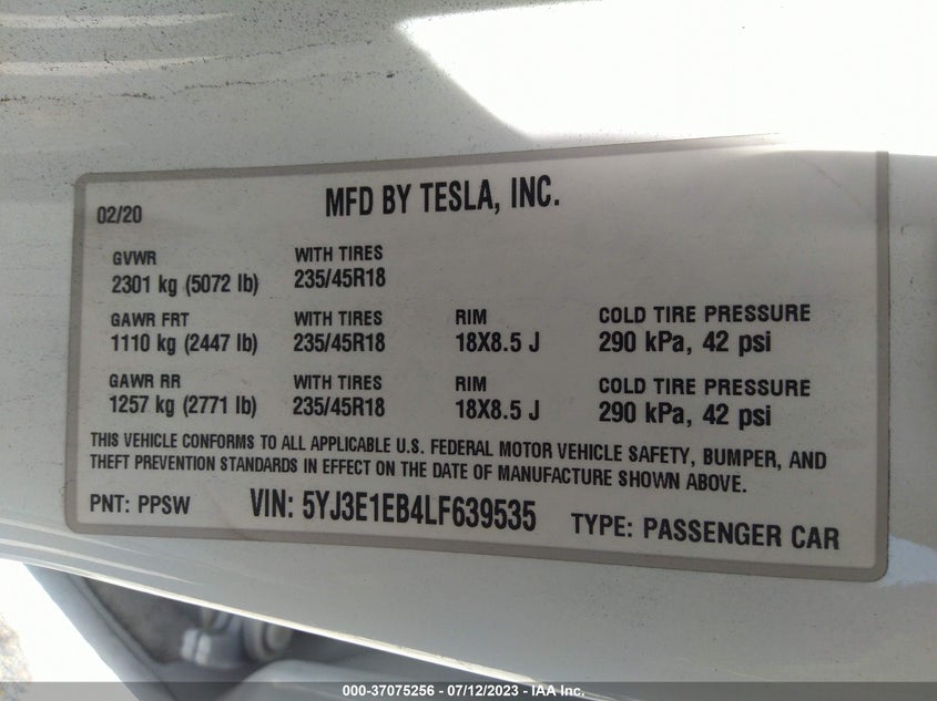 VIN 5YJ3E1EB4LF639535 2020 TESLA MODEL 3 LONG RANGE