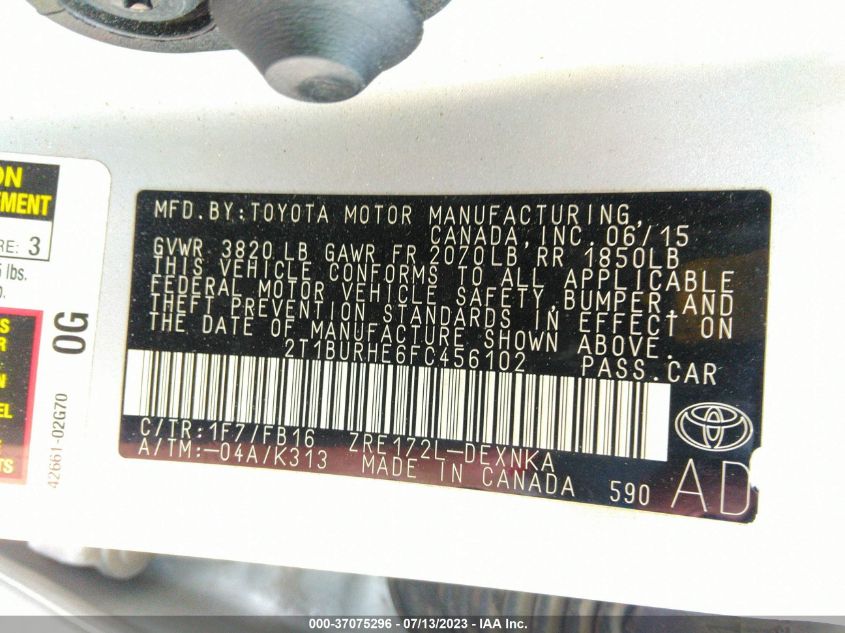 2015 TOYOTA COROLLA L/LE/S/S PLUS/LE PLUS - 2T1BURHE6FC456102