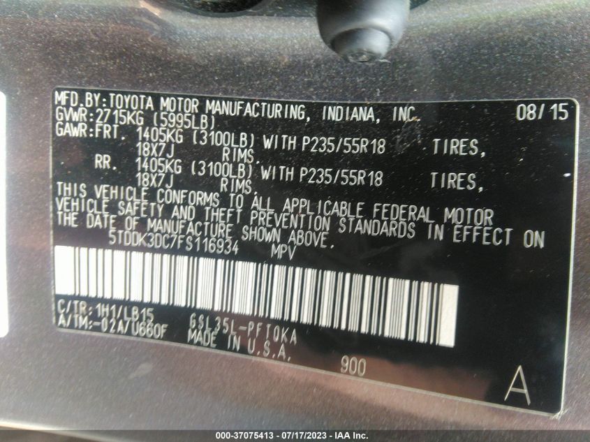 2015 TOYOTA SIENNA LTD/XLE/XLE PREMIUM - 5TDDK3DC7FS116934
