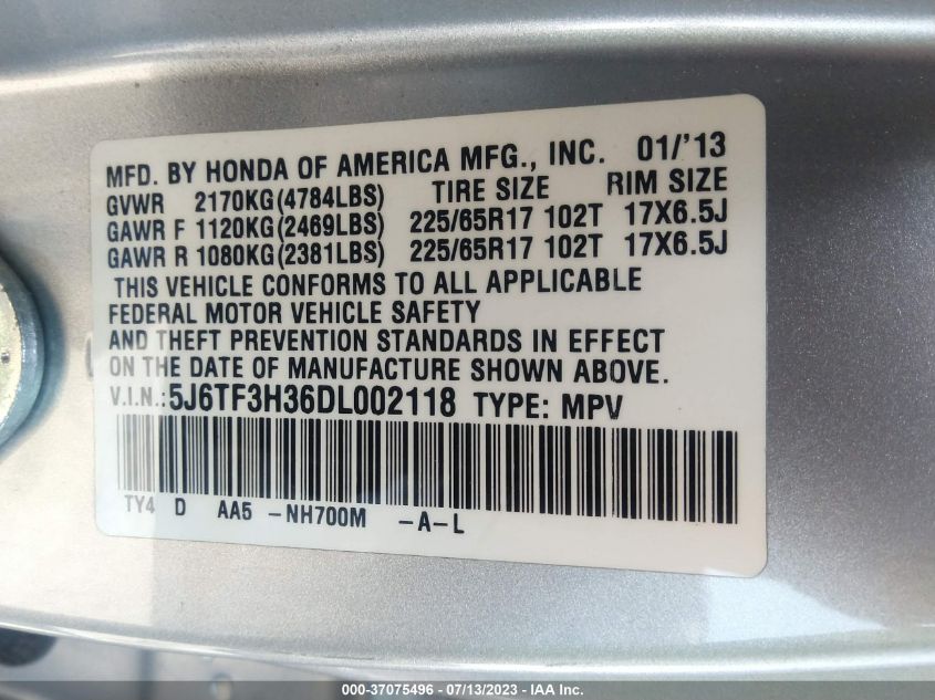 2013 HONDA CROSSTOUR EX 5J6TF3H36DL002118