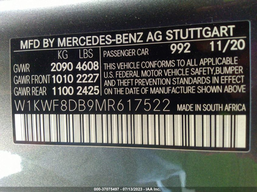 VIN W1KWF8DB9MR617522 2021 MERCEDES-BENZ C-CLASS C 300