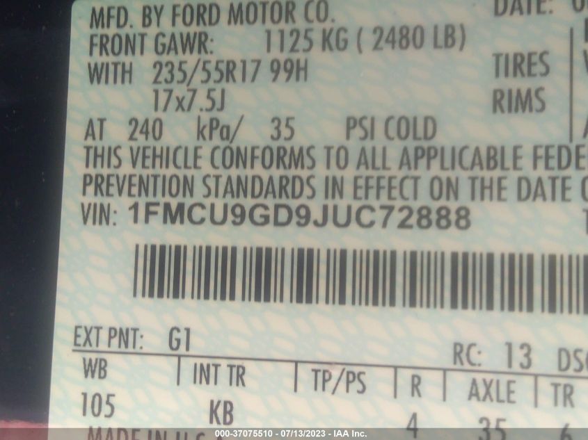 1FMCU9GD9JUC72888 2018 FORD ESCAPE, photo no. 9