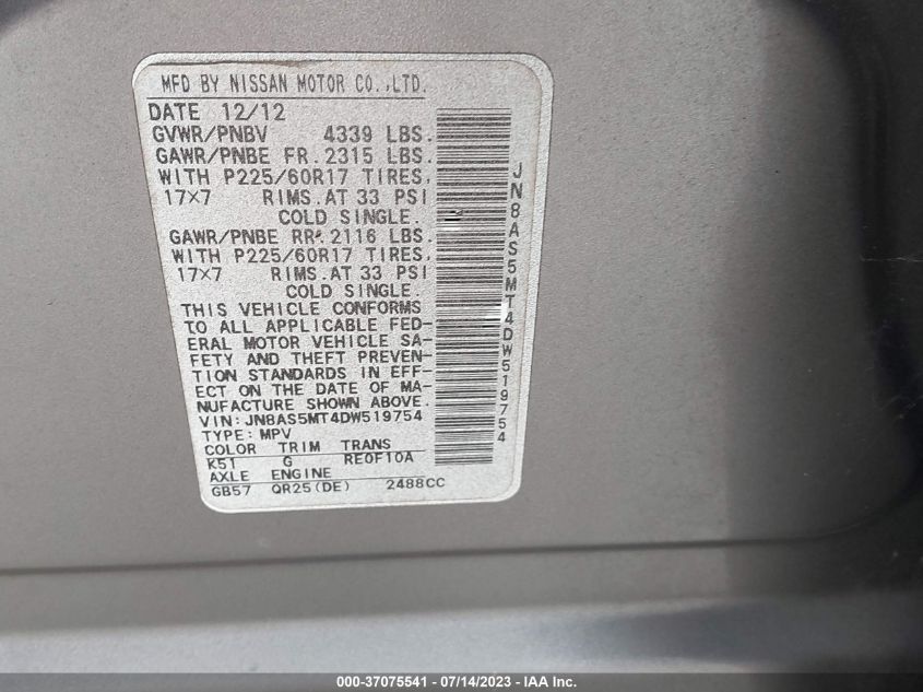 2013 NISSAN ROGUE SV - JN8AS5MT4DW519754