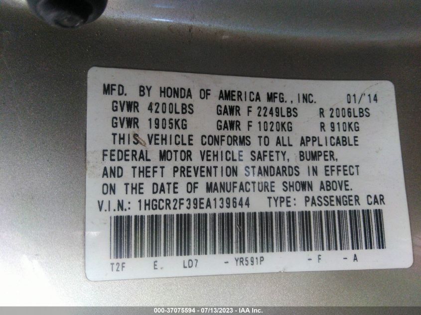 2014 HONDA ACCORD SEDAN LX - 1HGCR2F39EA139644