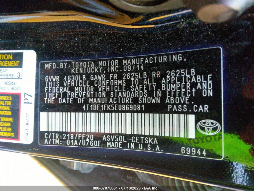 2014 TOYOTA CAMRY L/LE/XLE/SE/SE SPORT - 4T1BF1FK5EU869081