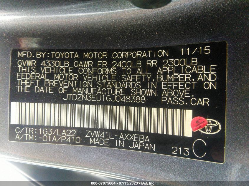 2016 TOYOTA PRIUS V TWO/FIVE/THREE/FOUR - JTDZN3EU1GJ048388