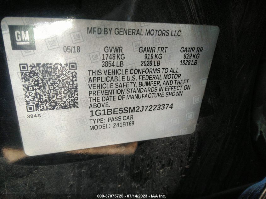 2018 CHEVROLET CRUZE LT - 1G1BE5SM2J7223374