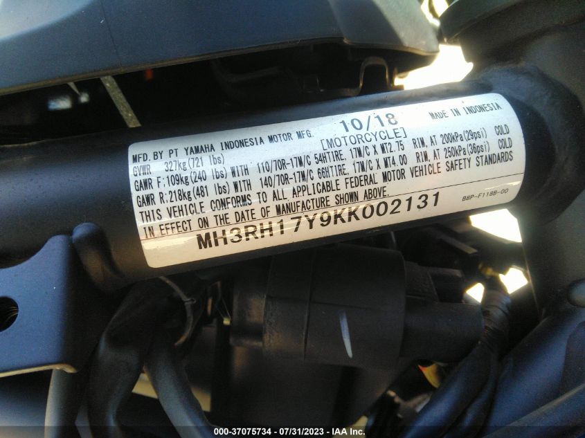 2019 YAMAHA YZFR3 MH3RH17Y9KK002131