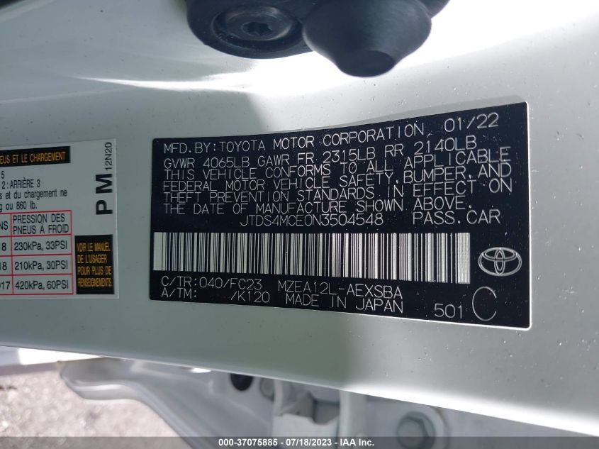 2022 TOYOTA COROLLA SE/NIGHT SHADE - JTDS4MCE0N3504548