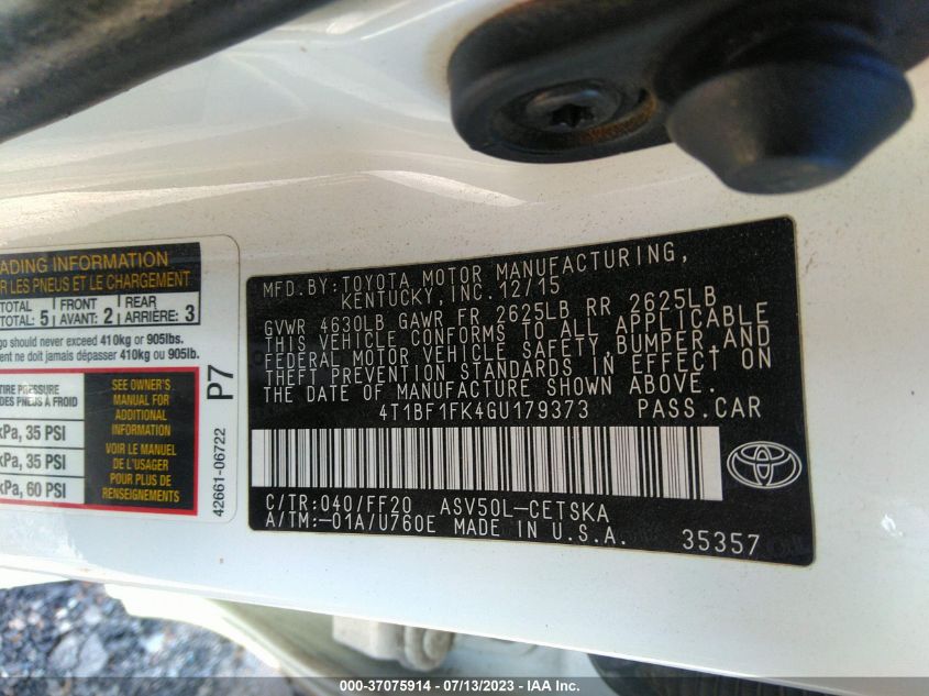 2016 TOYOTA CAMRY XLE/SE/LE/XSE - 4T1BF1FK4GU179373