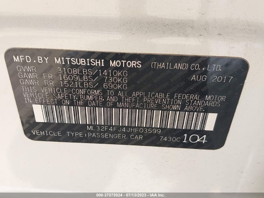 2018 MITSUBISHI MIRAGE G4 SE - ML32F4FJ4JHF03599