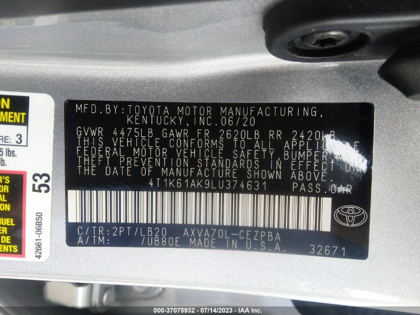 2020 TOYOTA CAMRY XSE - 4T1K61AK9LU374631