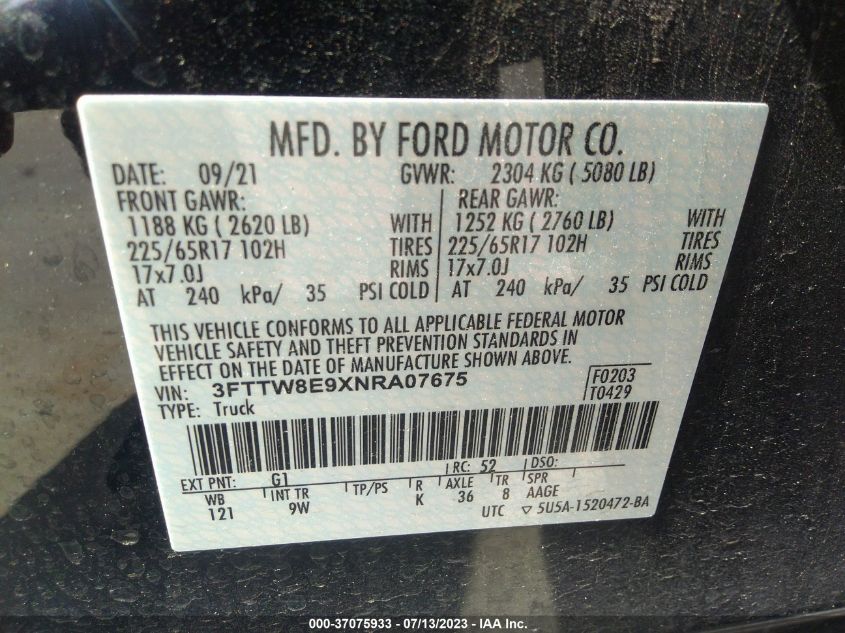 2022 FORD MAVERICK XL/XLT/LARIAT - 3FTTW8E9XNRA07675