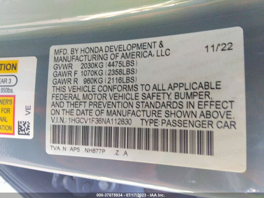 2022 HONDA ACCORD SEDAN SPORT - 1HGCV1F36NA112830