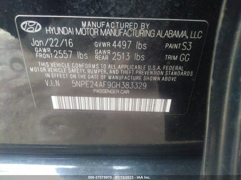 2016 HYUNDAI SONATA 2.4L SE - 5NPE24AF9GH383329