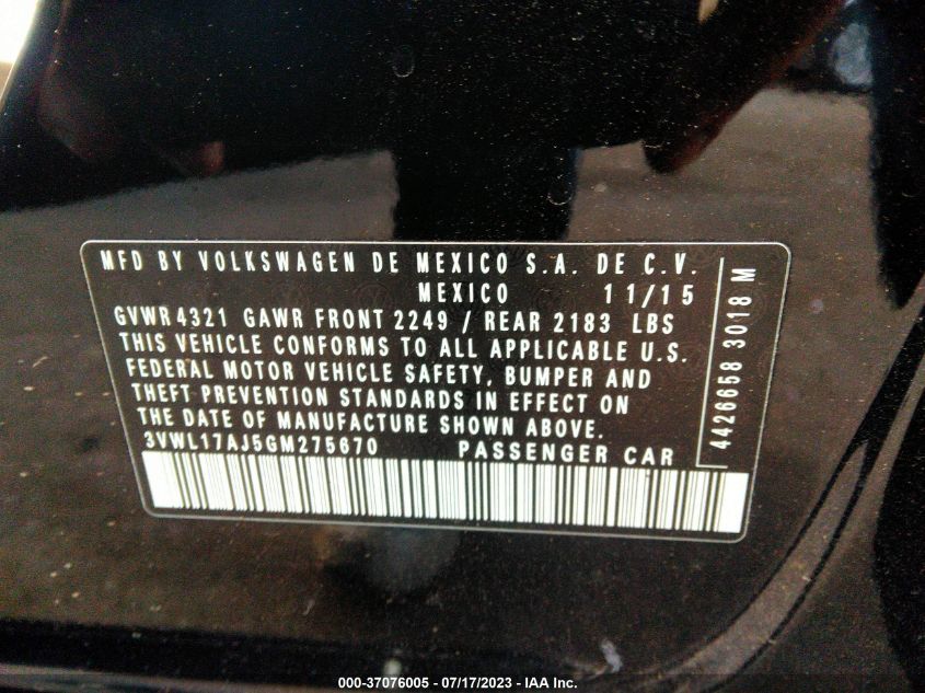 2016 VOLKSWAGEN JETTA SEDAN 1.8T SEL - 3VWL17AJ5GM275670