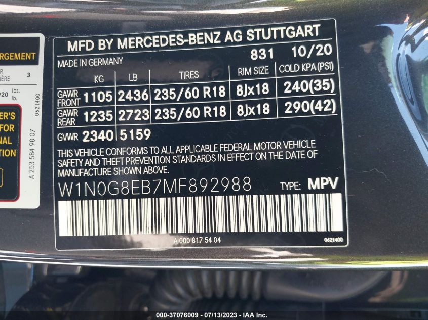 2021 MERCEDES-BENZ GLC GLC 300 - W1N0G8EB7MF892988