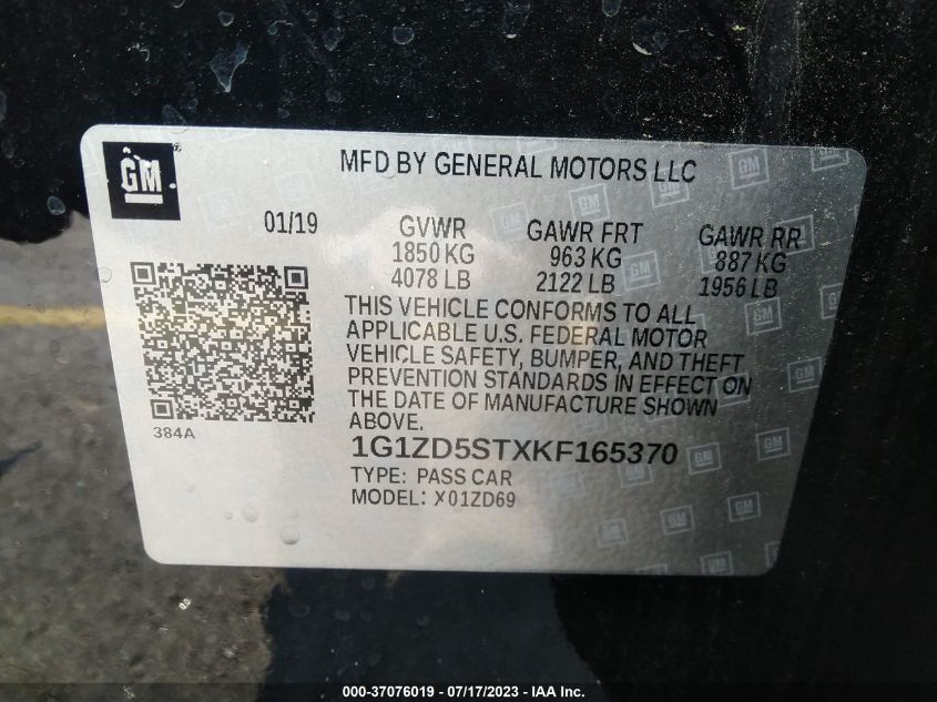 2019 CHEVROLET MALIBU LT - 1G1ZD5STXKF165370