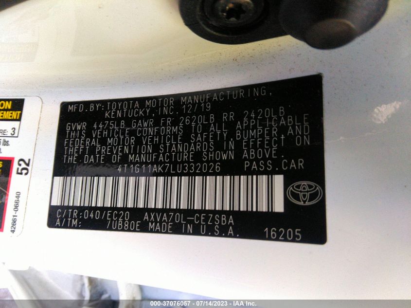2020 TOYOTA CAMRY SE - 4T1G11AK7LU332026