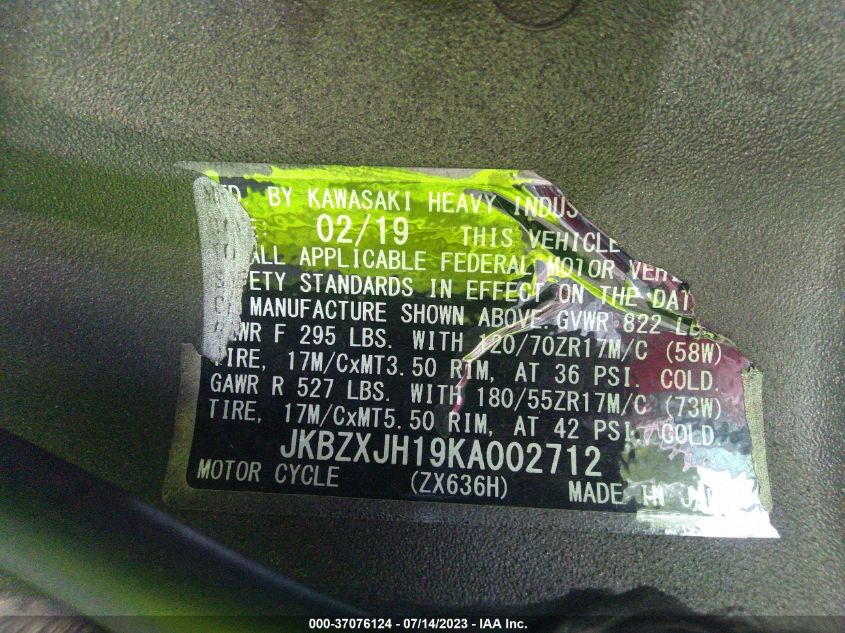 2019 KAWASAKI ZX636 K JKBZXJH19KA002712