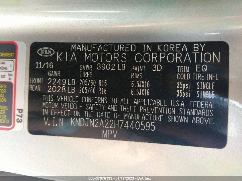 2017 KIA SOUL BASE - KNDJN2A22H7440595