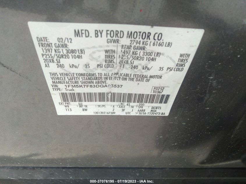 2013 FORD EXPLORER LIMITED - 1FM5K7F83DGA03537