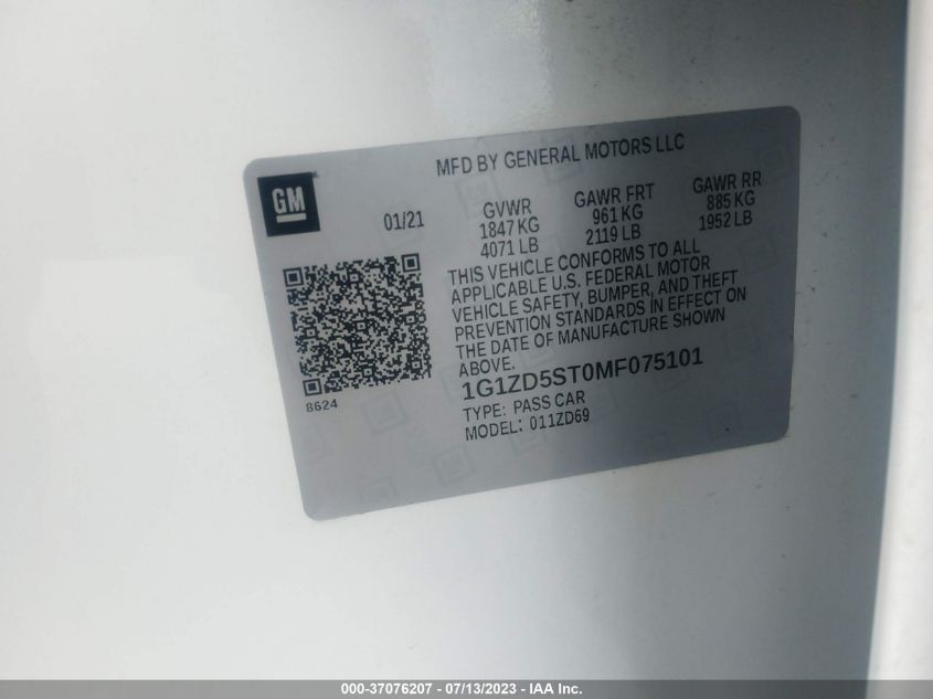 2021 CHEVROLET MALIBU LT - 1G1ZD5ST0MF075101
